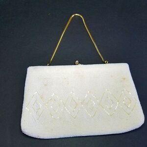 Vintage 1960's Made in Japan White Glass Seed Beaded Clutch Purse Evening Bag